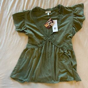 Olive Green Lace-Trim V-Neck Tunic